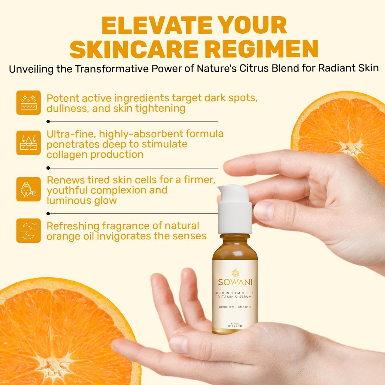 SOWANI Gentle Vitamin C Serum – Brightening & Hydrating with Citrus Stem Cells and Chamomile, Safe for Rosacea & Sensitive Skin, 1oz