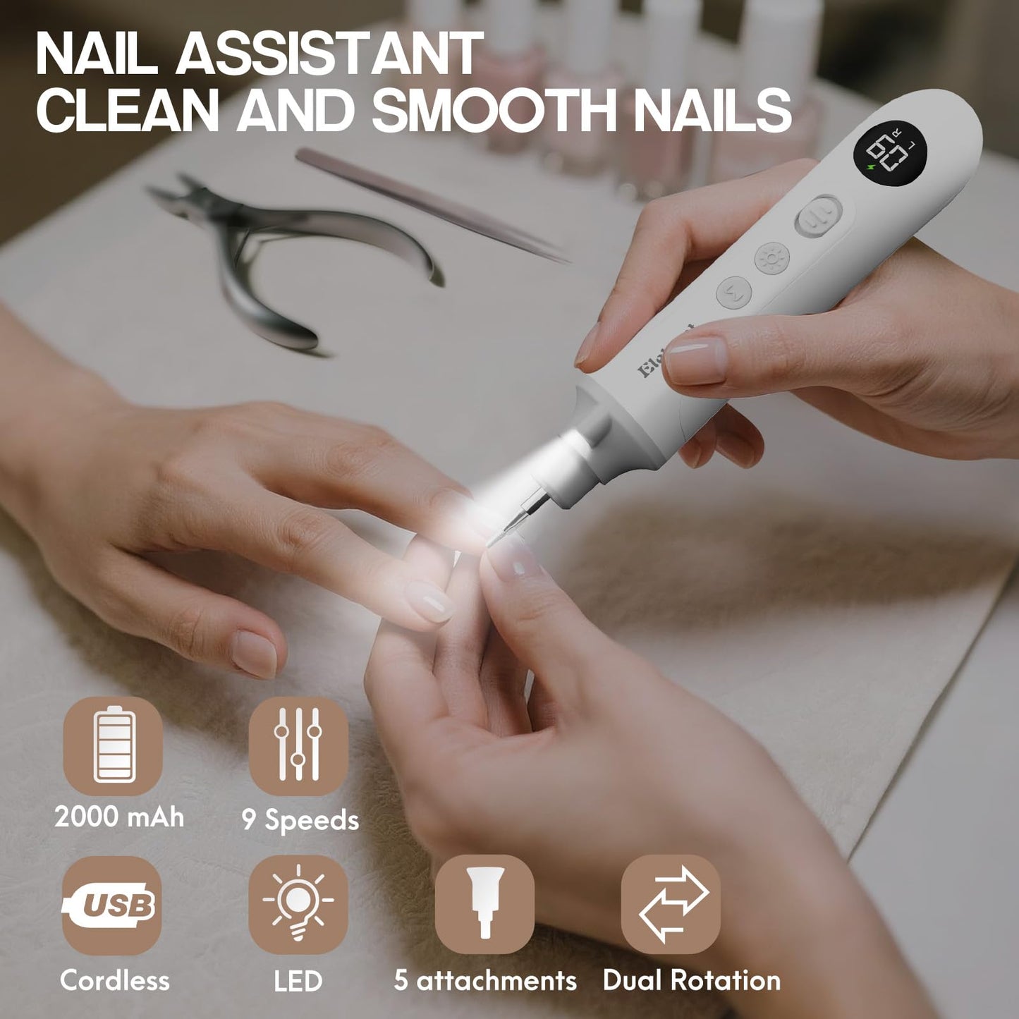 Eletorot Electric Nail File Set for Seniors, 5 in 1 Toenail Grinder Kit for Thick Nails, Professional Manicure and Pedicure Kit, Cordless Pedicure Tools for feet, 9 Speeds Nail Drill Machine