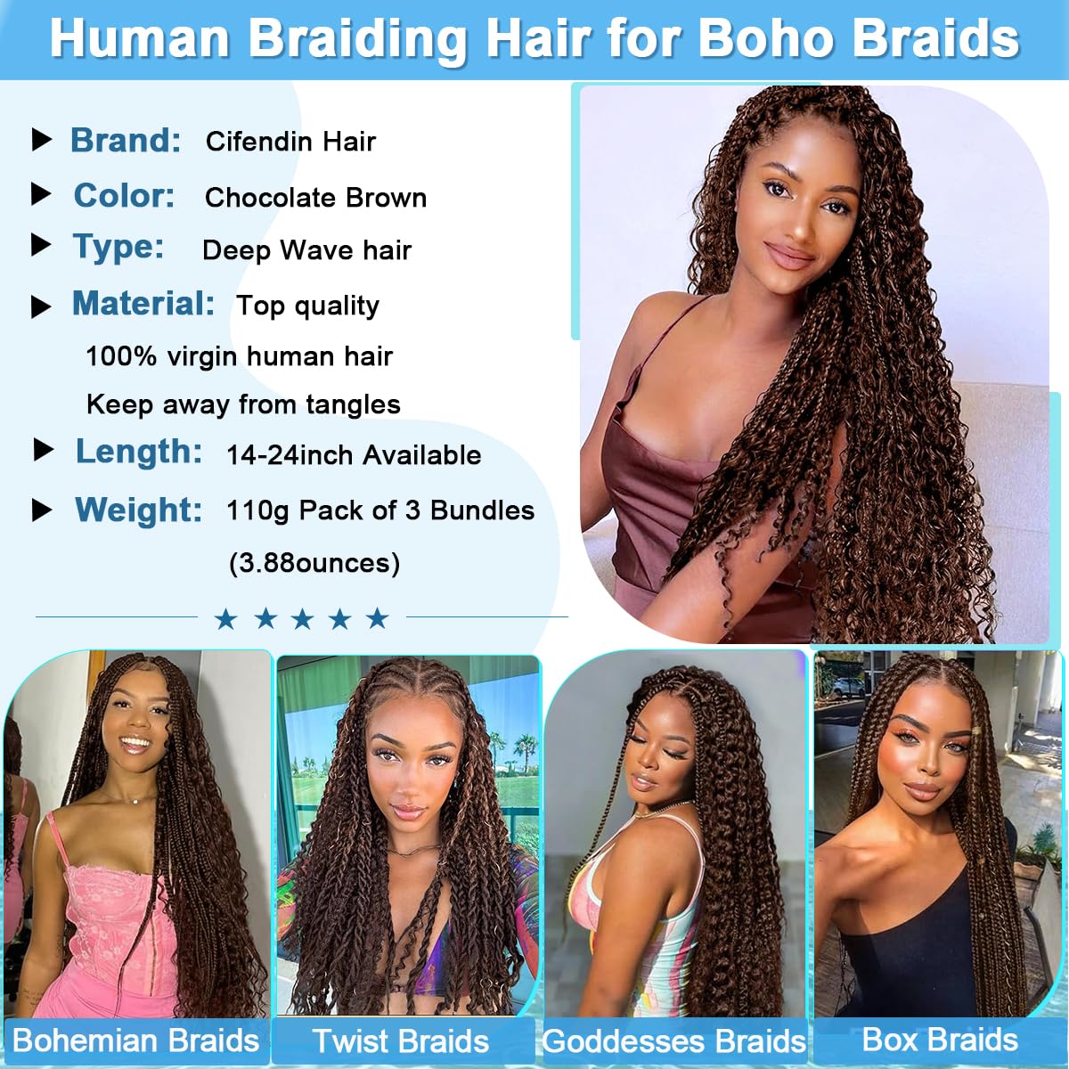 CIFENDIN Human Braiding Hair For Boho Braids 110g Deep Wave Bulk Human Hair for Braiding Knotless 12A 100% Brazilian Virgin Hair Extensions Bulk Bohemian 3 Bundles Chocolate Brown 14 Inch