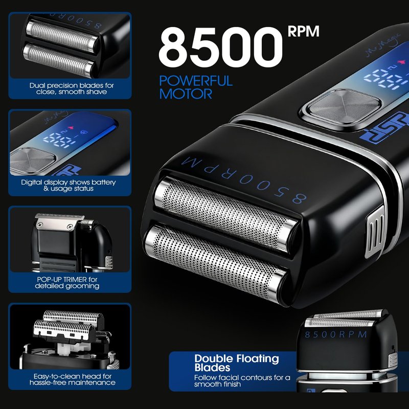 DSP Electric Shavers for Men, IPX6 Waterproof, Type-C, Rechargeable Shaver, 4-Blade Cutting System, Electric Foil Shaver, Travel Lock (Black)