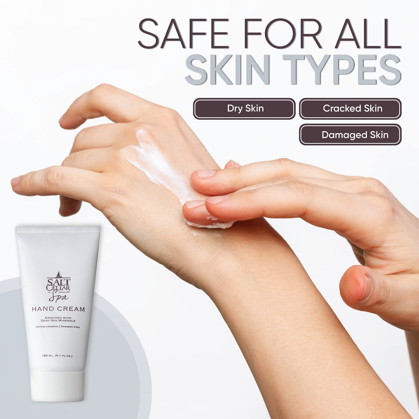 Salt Cellar Spa Dead Sea Mineral Hand Cream, Moisturizer Lotion for Dry, Cracked Skin Enriched with Glycerin, Olive Oil, Paraben Free, Fast Absorbing, 5.1 FL oz (150 ml)