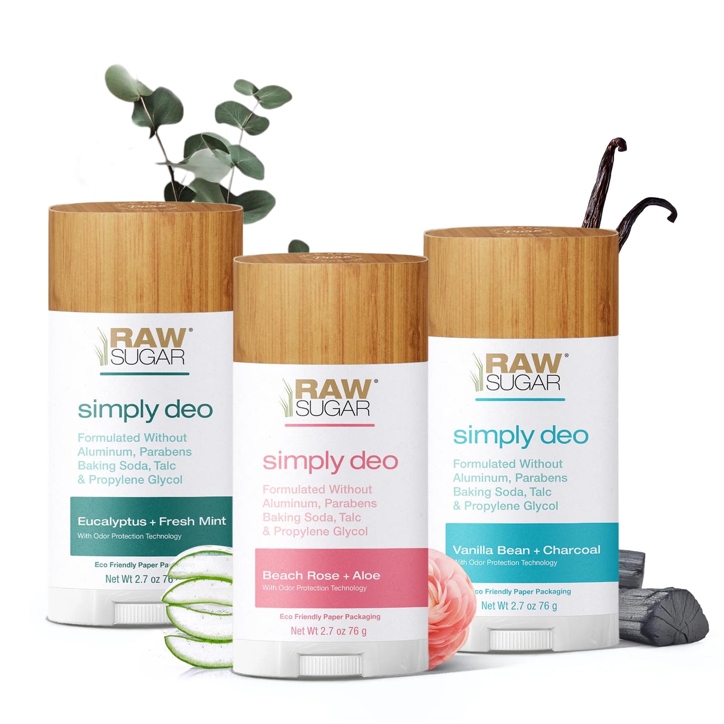 RAW SUGAR Deodorant Stick, Simply Deo Variety Bundle (Pack of 3) Whole Body Deodorant for Women & Men, Clean Formulated without Aluminum, Baking Soda, Talc & Parabens, Variety Pack