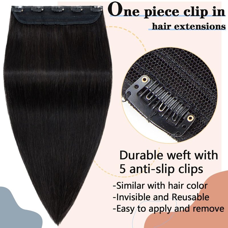 Real Human Hair Clip-In Extensions - Thicker 3/4 Head Weft, 12" | Natural Black, 70g, 5 Clips