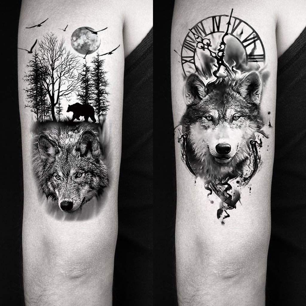 Oottati 8 Sheets Wolf Taichi Totem Skull Moon Forest Flower Arm Leg Temporary Tattoo