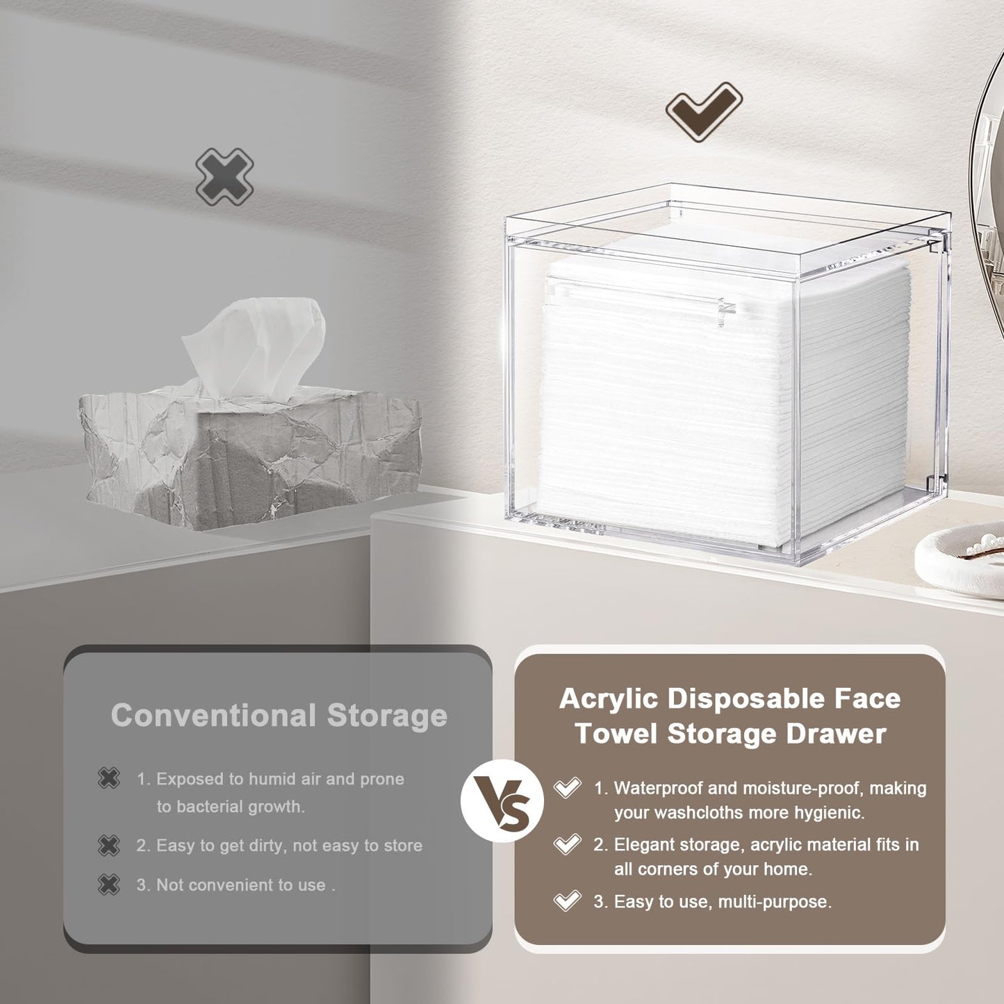 TAINESS Acrylic Disposable Face Towels Holder Compatible with Clean Skin Club Towel XL - Clear Storage Box Wall-Mounted Cosmetic & Skin Care Organizer with Drawer for Bathroom Vanity
