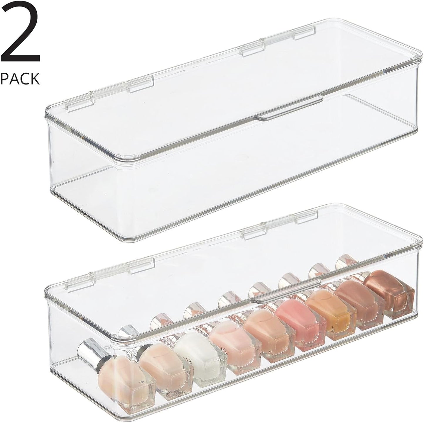 Makeup Storage Organizer Box - Stackable Clear Container for Vanity | Holds Blenders, Palettes & Brushes - 2 Pack