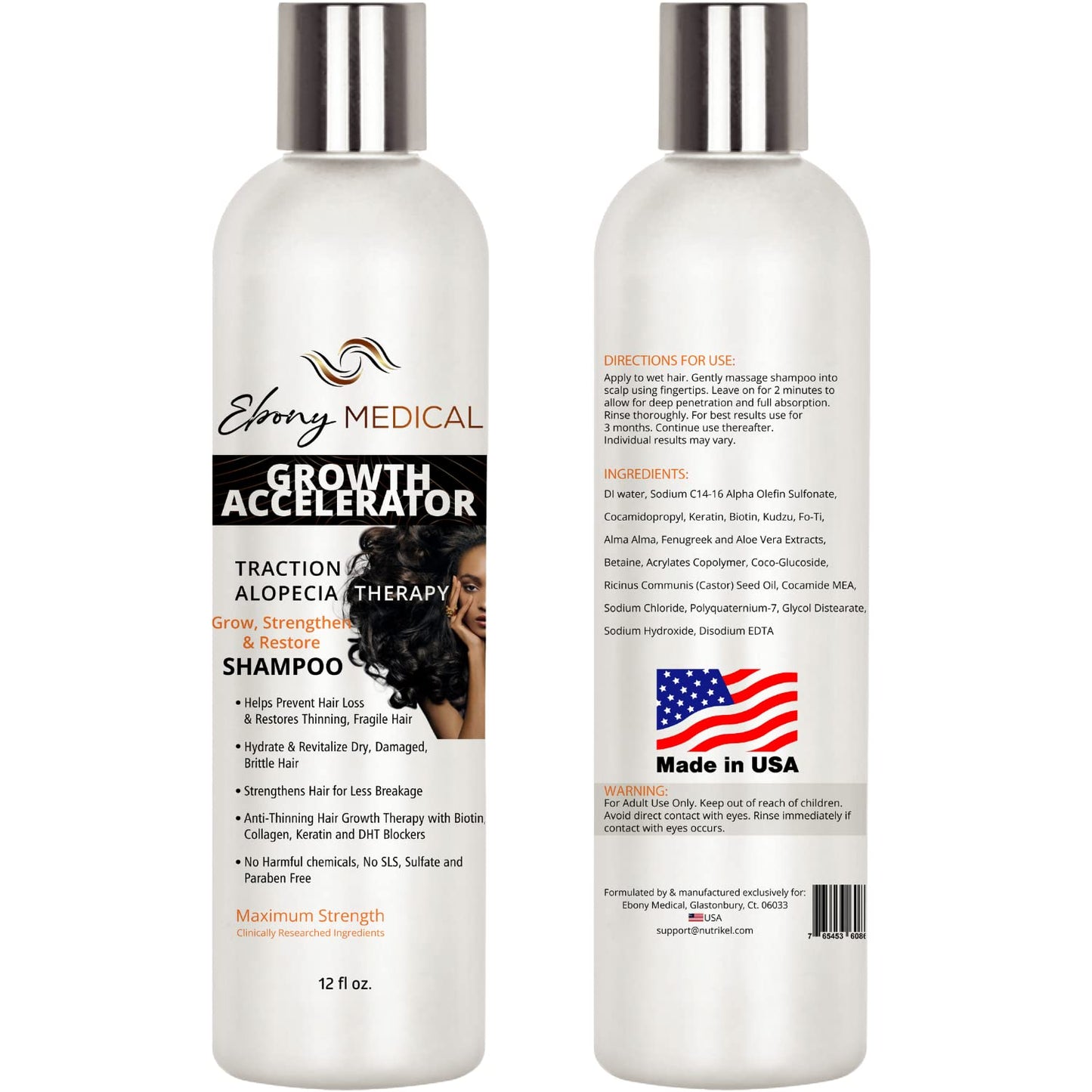 Ebony Medical Hair Support Shampoo – Thinning Hair & Patchy Hair Solution – Strengthens Strands, Scalp Health & Volume – Natural, Vegan, Sulfate-Free – 12 fl oz