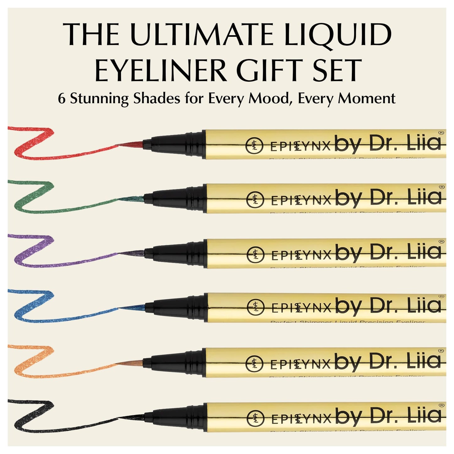EPILYNX Liquid Eyeliner - Hypoallergenic Eyeliner with Fine Brush Tip, Long-Lasting Waterproof Eye Liner - Cruelty-Free, Vegan, Gluten-Free, Smooth Liquid Eye Liner - 6 Shades Gift Set