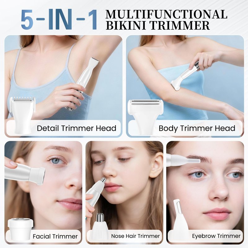 5 in 1 Bikini Trimmer for Women - Electric Razors for Women, Cordless Rechargeable Electric Shaver, IPX7 Waterproof Wet Dry Lady Body Hair Remover for Face Nose Eyebrow Arm Leg Pubic Armpit Bikini