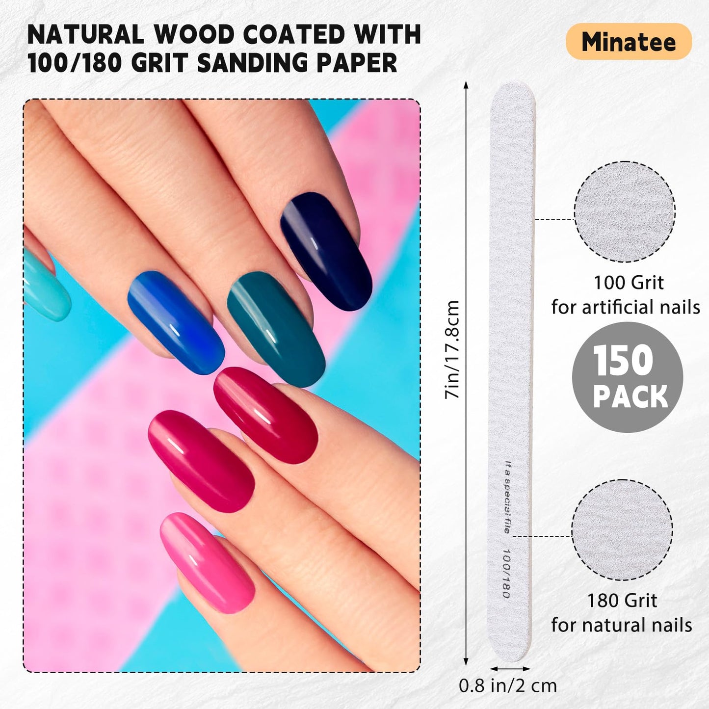Minatee 150 Pcs 100/180 Grit Nail Files Bulk Doubled Sides Emery Boards Professional Manicure Tools for Natural Nails Home and Salon Supplies