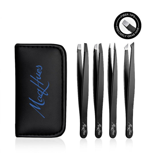 MaqHues Fiber Tip Eyebrow Tweezers Set for Women & Men, 4 Pcs Professional Stainless Steel Tweezer Kit with Slant, Pointed, Flat & Pointed-Slant Tips for Facial Hair & Eyebrow Removal (Silver)