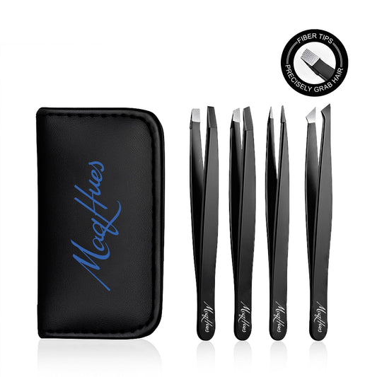 MaqHues Fiber Tip Eyebrow Tweezers Set for Women & Men, 4 Pcs Professional Stainless Steel Tweezer Kit with Slant, Pointed, Flat & Pointed-Slant Tips for Facial Hair & Eyebrow Removal (Black)