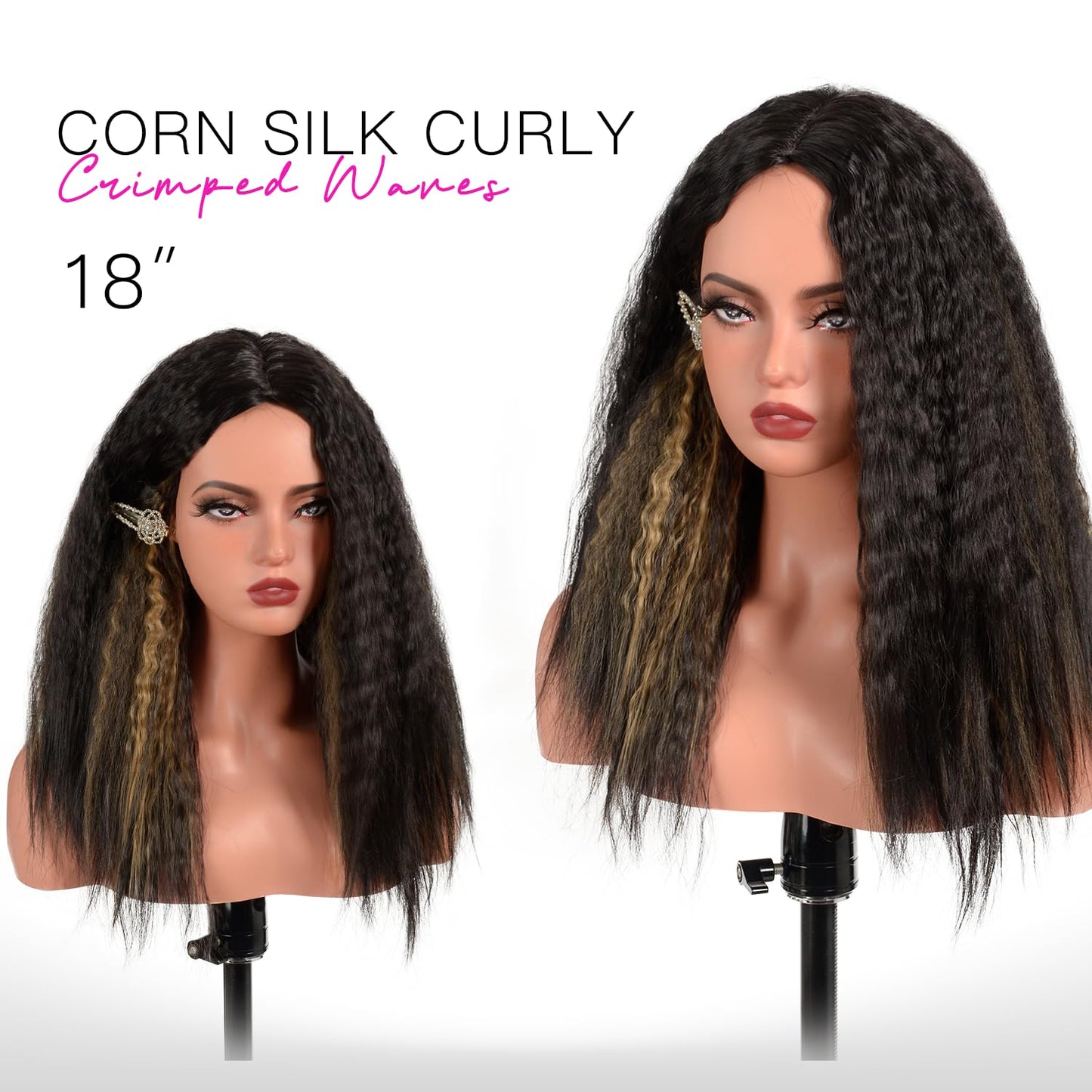 BrittyHair Yaki Straight Corn Silk Wig 18 Inch Yaki Crimped Waves Synthetic Yaki Wigs for Black Women Wear And Go Glueless Wig (#1B Natural Black, 18 Inch)