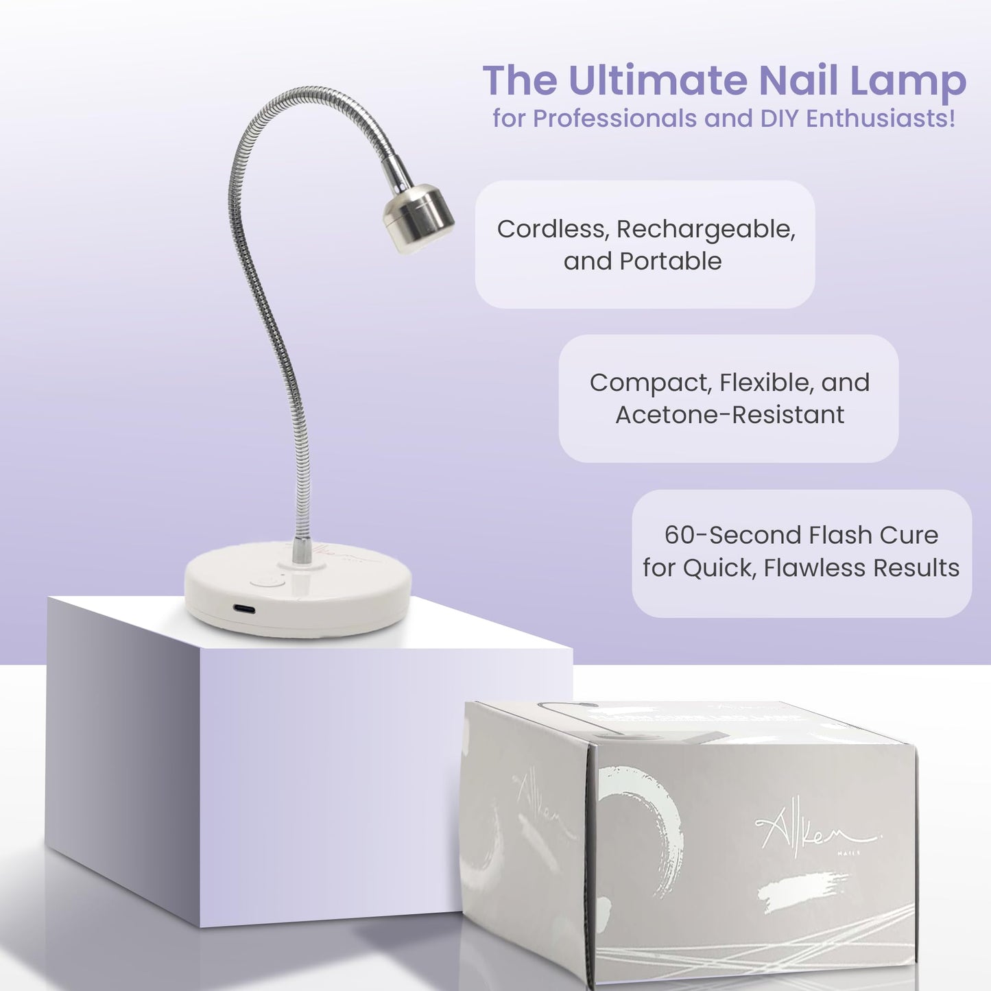 ALLKEM Portable Cordless Gooseneck UV/LED Nail Lamp – Rechargeable Gel X Nail Dryer, Flash Cure Light for Home & Salon use – (USB Powered, 360° Adjustable Gooseneck, 3W) - Silver