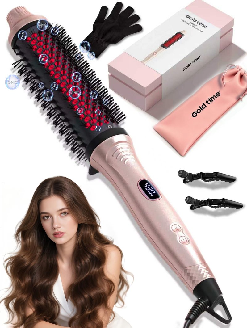 Infrared Thermal Brush 1.65”, 100M Negative Ions 2-in-1 Curling, Straightening & Smoothing Round Brush, 6 Heat Settings with LED Display, Lightweight Quiet, Dual Voltage, Auto Shut-Off, Pink Gift Box