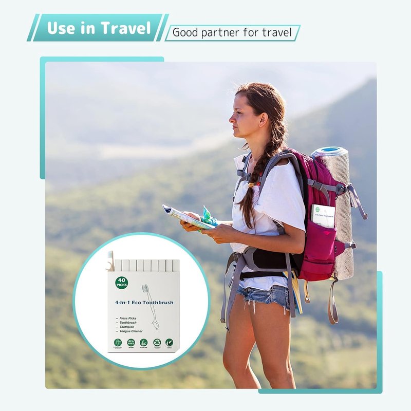 NUDUKO Travel Toothbrush Dental Floss Picks - 4 in 1 Biodegradable Disposable Toothbrushes with Tongue Scraper, Eco-Friendly Individually Wrapped Toothbrush for Adult Kids Travel Oral Care, 80 Pack