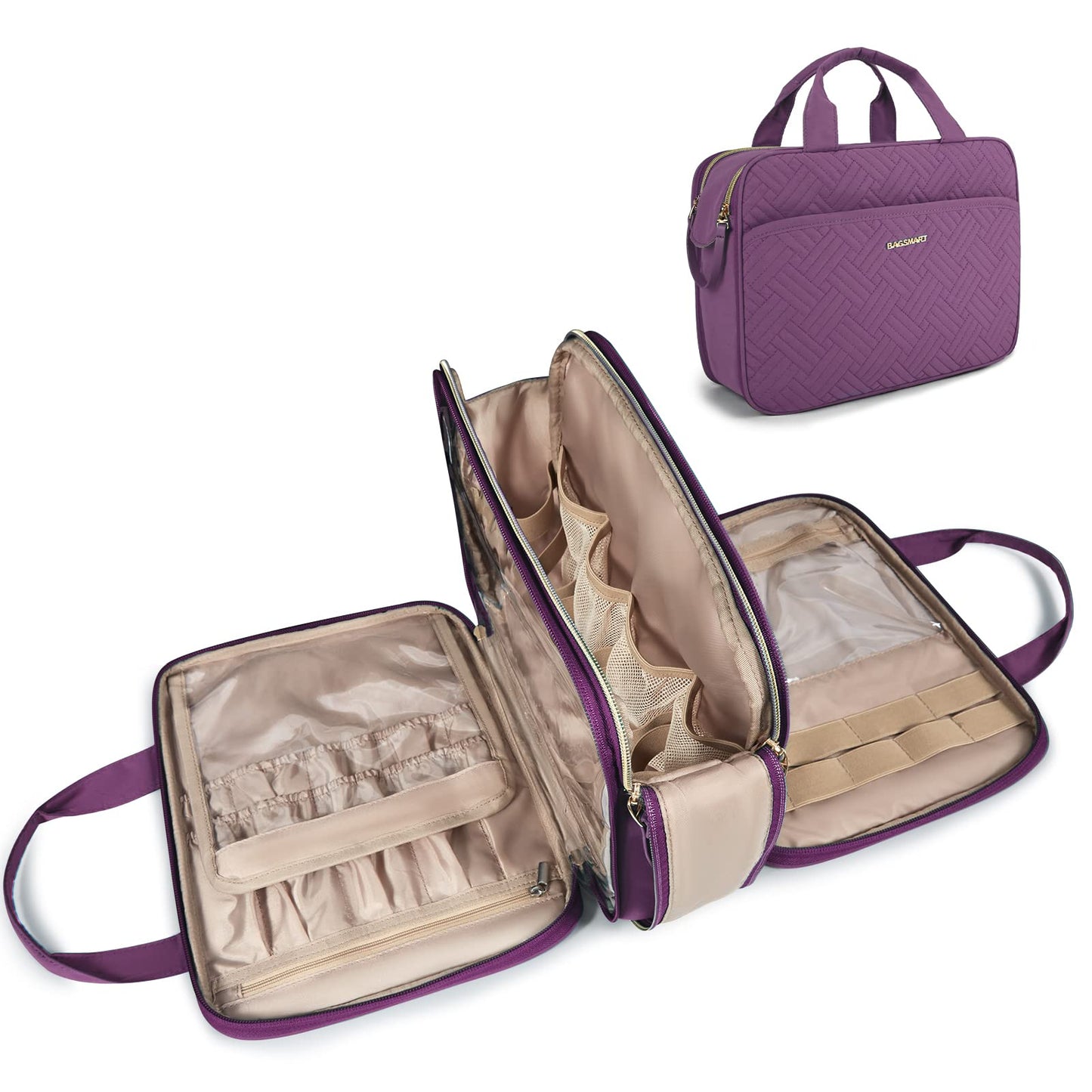 BAGSMART Large Toiletry Bag, Travel Makeup Organizer Water-resistant Makeup Cosmetic Bag Travel Bag for Accessories, Shampoo, Full Sized Container, Toiletries (Purple, Large)