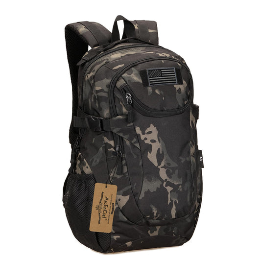 ArcEnCiel Motorcycle Backpack Tactical Bag Army Pack - Rain Cover+Patch Included(Black Camo)