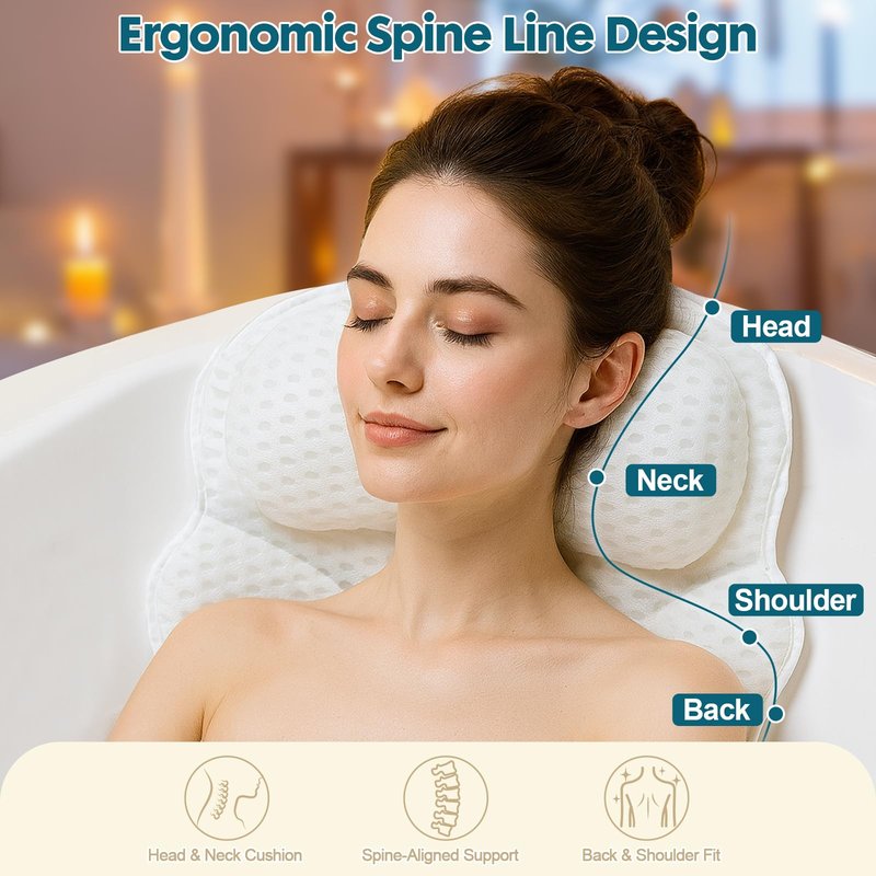 Bath Pillows for Tub – Bathtub Pillow with Head, Neck & Shoulder Support, Non-Slip Tub Pillow for Bathtub & Jacuzzi, Breathable Bath Tub Pillow with Wash Bag, Bath Accessories Gift for Women & Men
