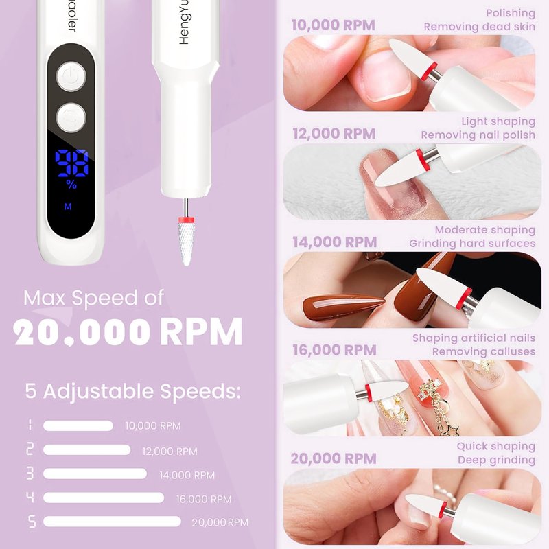 HengYuaoler Electric Nail Drill Professional Manicure Pedicure Kit Acrylic Nail Drill Machine for Gel Cordless Nail File Machine Toe Nail Tools 3 Speeds Thick Toenail Grinder(White