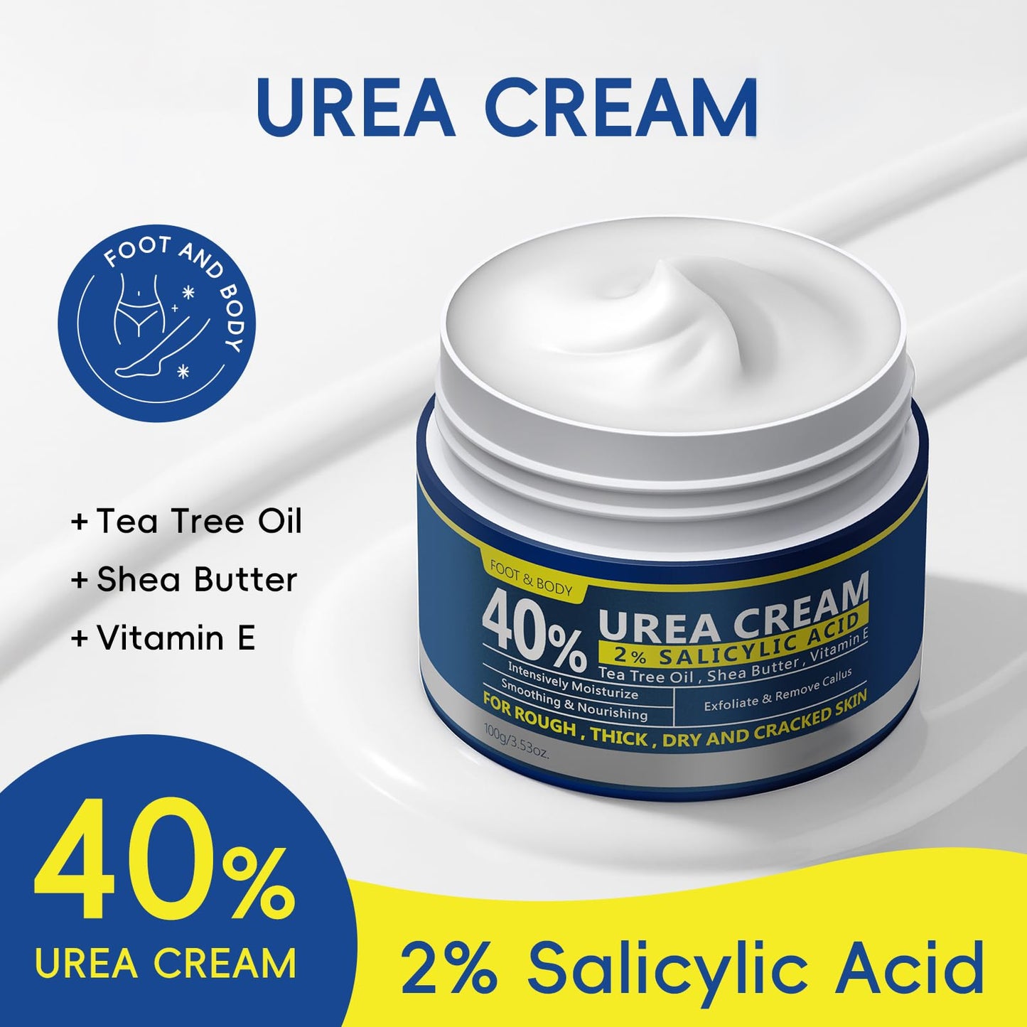 2 Pack Urea Cream 40% + 2% Salicylic Acid, 3.53 oz - Maximum Strength Foot & Hands Moisturizer for Rough, Dry Cracked Skin, Callus Remover with Deep Hydration, Intensive Repair for Feet, Heels