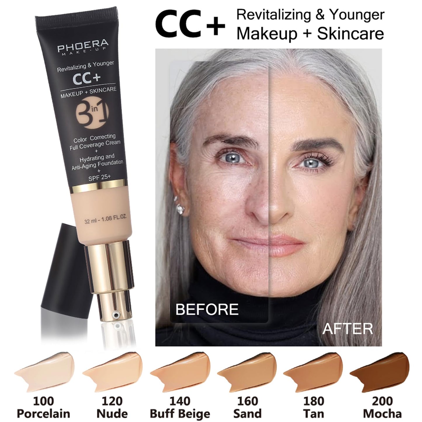 Hilareco PHOERA Foundation,PHOERA CC Cream Foundation Color Correcting Anti Aging Hydrating Serum,PHOERA 4-in-1 Tinted Moisturizer Foundation Serum (105+160CC+N04/ Sand+ Sand+Sand)