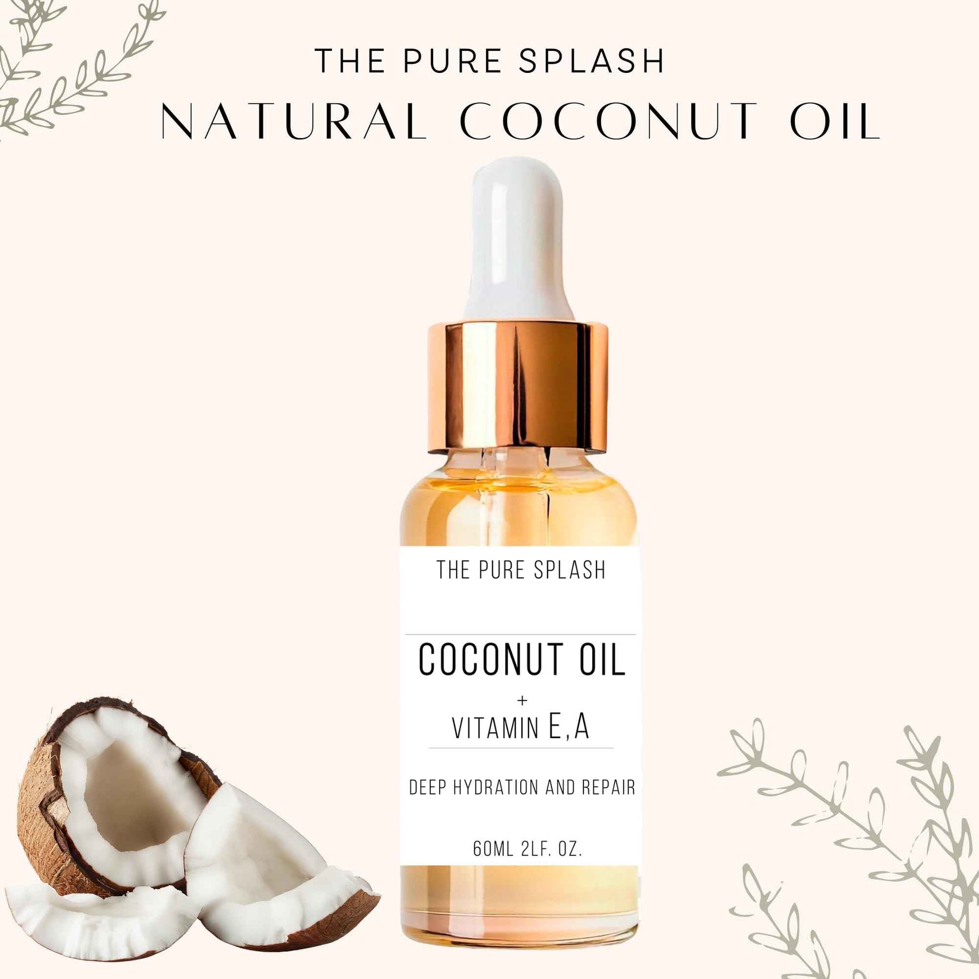 THE PURE SPLASH Coconut Oil with Vitamins E and A – Deep Hydration & Skin Nourishment | Lightweight, Non-Greasy Formula for Face, Body & Hair | 60ml