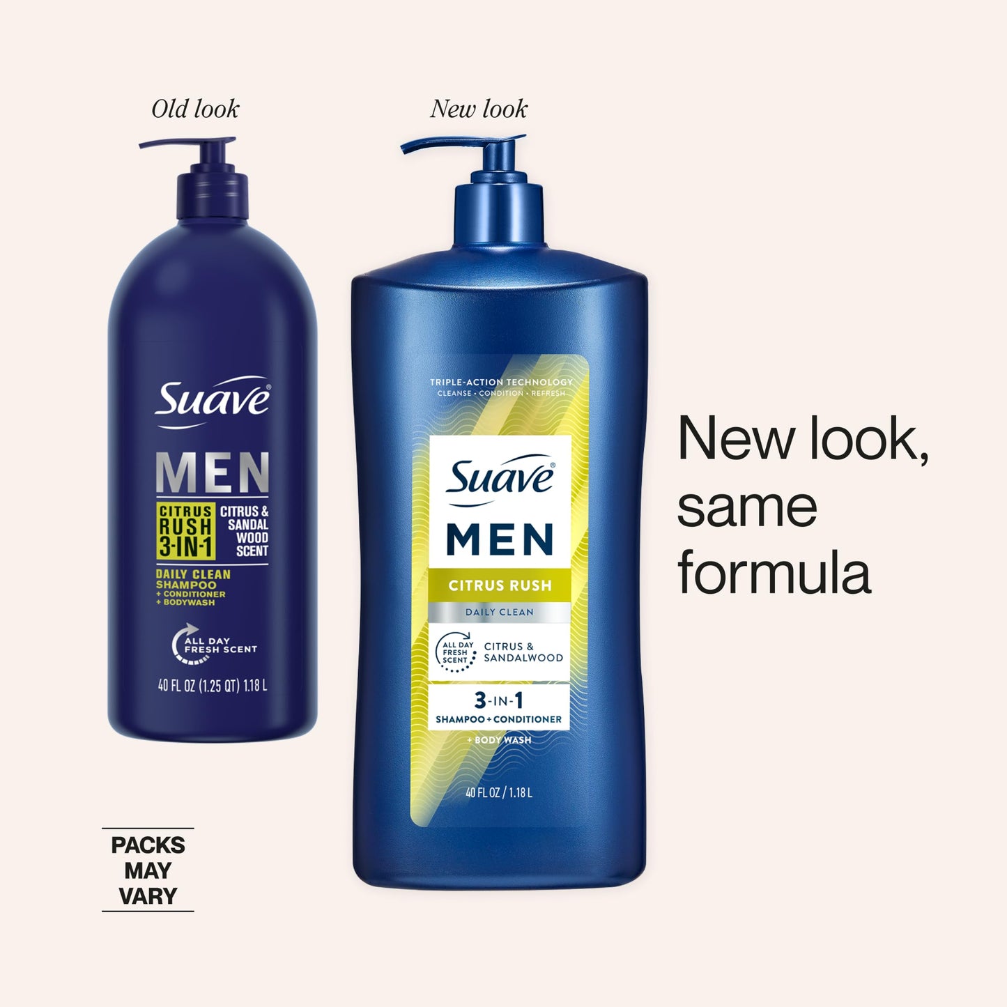 Suave Men Citrus Rush Daily Clean 3 in 1 Shampoo, Conditioner & Body Wash for Men with Glycerin & Keratin Hydrates & Smooths Hair, Citrus Scent, 4 Count, 40 fl oz Pump