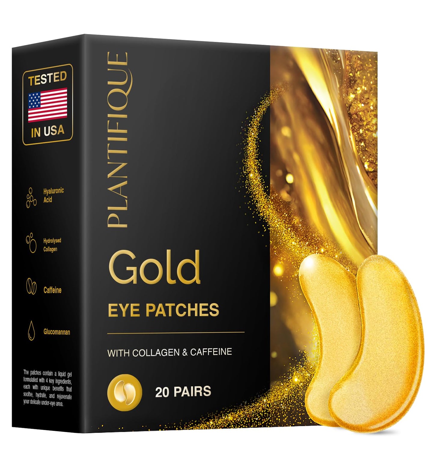 PLANTIFIQUE 24K Gold Under Eye Patches 20 Pairs - Dermatologist Tested - Hydrating Collagen Eye Masks with Hyaluronic Acid for Dark Circles & Puffiness
