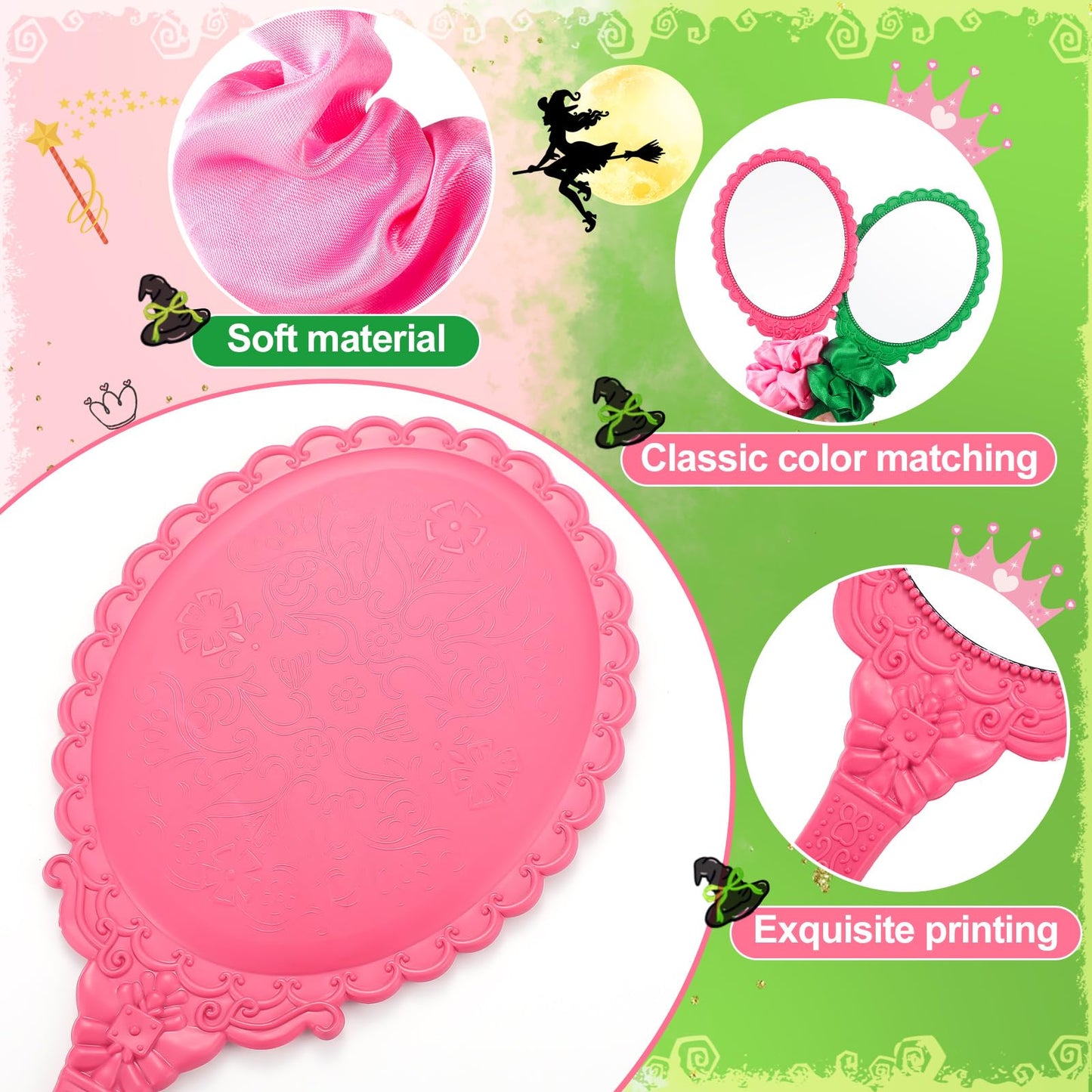 Qunclay 24 Pcs Pink and Green Witch Party Favors Pink & Green Handheld Mirrors with Hair Scrunchie Witch Merch Accessories Theme Birthday Party Decorations Gifts for Women BFF Movie Night Couples