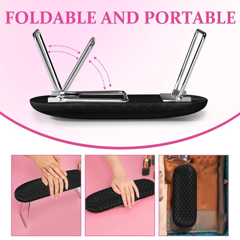 AORAEM Nail Arm Rest, Foldable Leather Nail Arm Rest with Non-slip Sleeve, Internal Sponge Filled Arm Rest Pillow with Metal Bracket, Nail Hand Rest for Home Use and Nail Salon Use (Black)