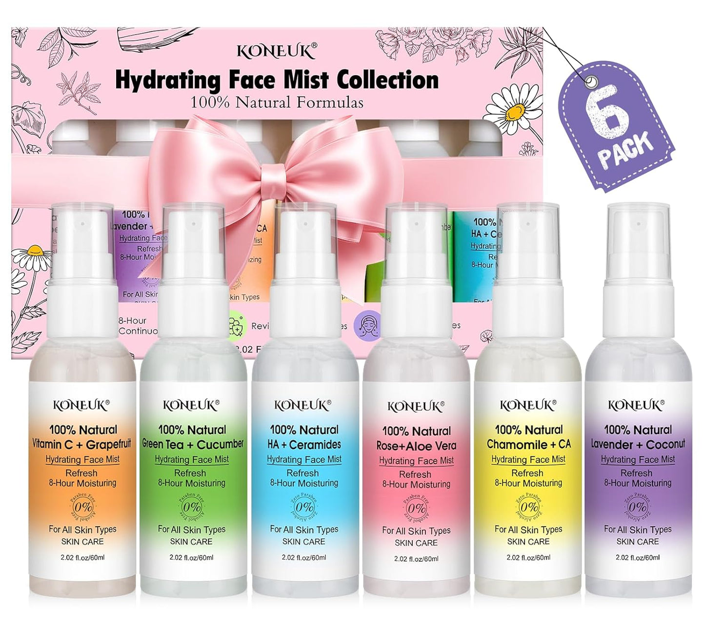 Refreshing Face Mist Kit - Long-Lasting Hydration & Soothing Spray for Glowing Skin | Mini Travel Size 2.02 fl oz, 6 Pack