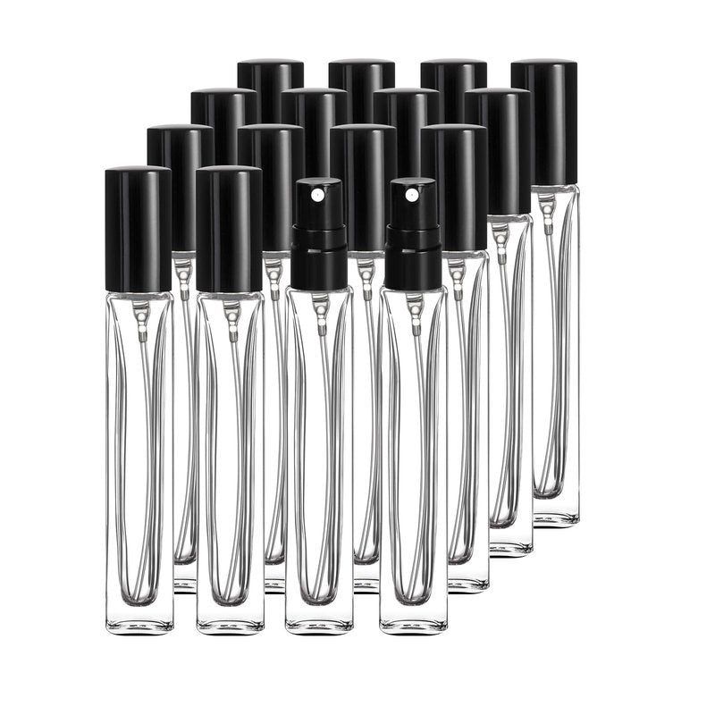 Glassfinity 16 Pack 10ml Empty Perfume Bottles, Refillable Square Glass Spray Atomizers with Funnel, Transfer Pump and Labels, Fragrance Decant Bottles for Travel and Samples, Black Caps