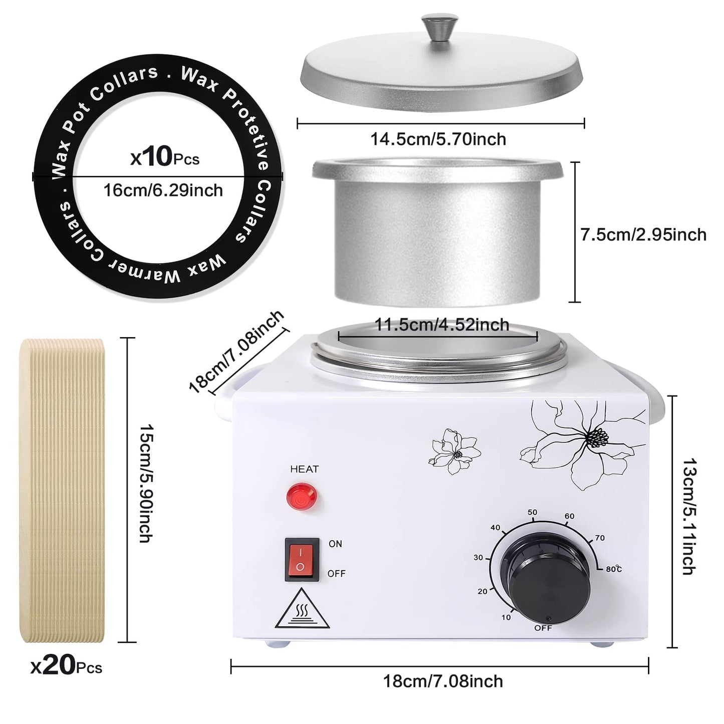 600ML Wax Warmer for Hair Removal, Professional Waxing Heater Pot with Adjustable Temperature for Women Men, with 20 Wooden Wax Sticks