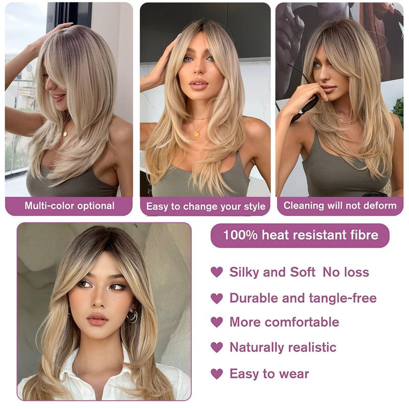 TuTive Blonde Wig With Bangs 22 Inch Layered with Black Roots Shoulder Length Wigs for Women Ombre Color Wig Natural Looking Synthetic Hair Wig for Daily Party Use(Ombre Blonde)