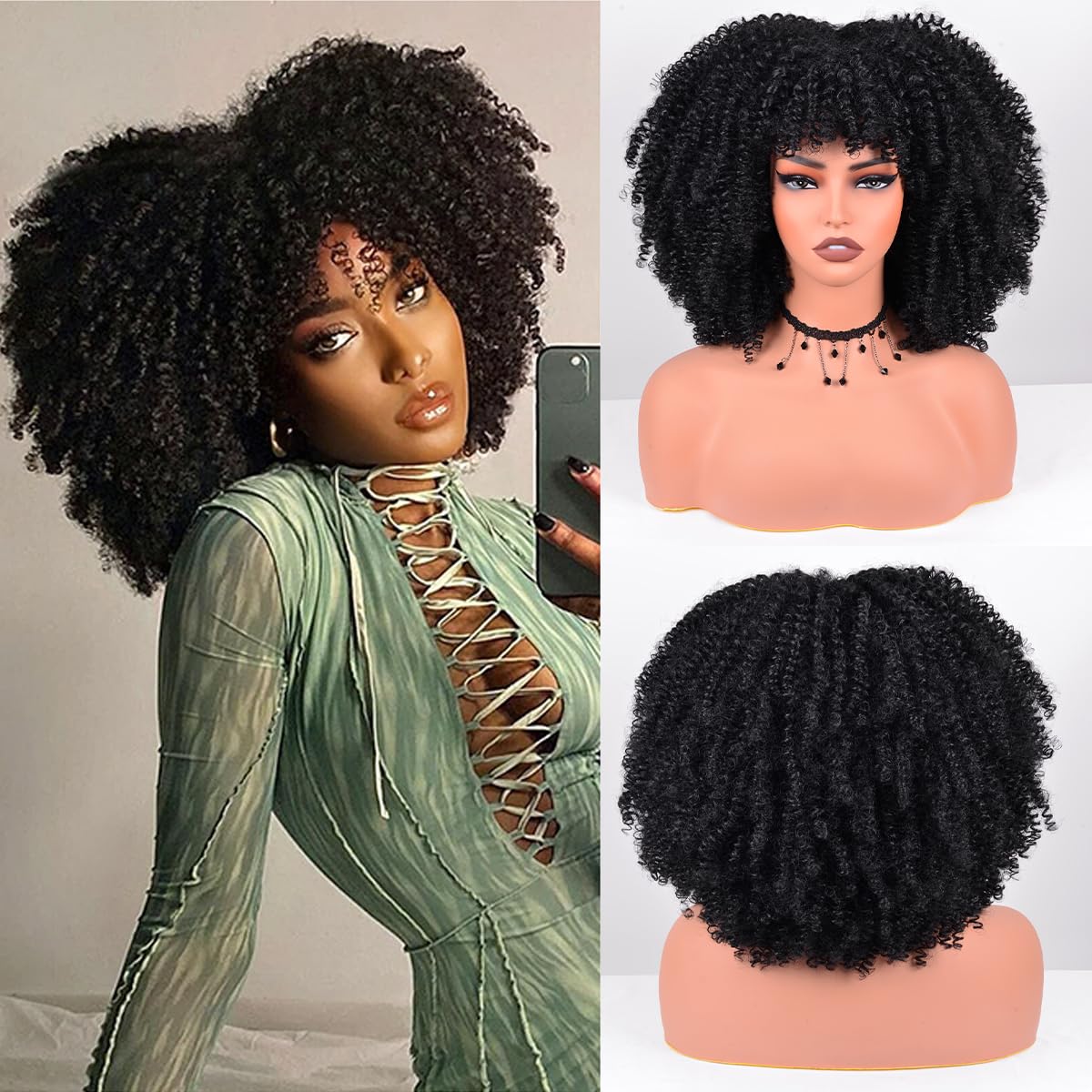Afro Curly Wig with Bangs Short Kinky Curly Synthetic Wig for Black Women