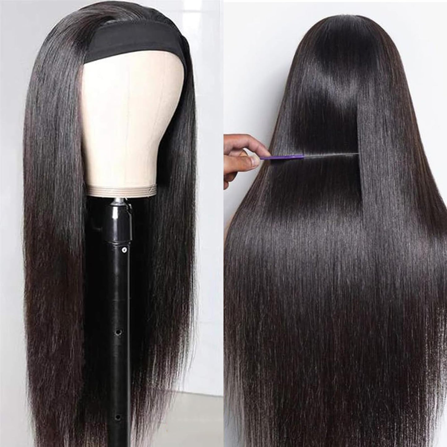 olimaruly 12 Inch Short Straight Headband Bob Wigs Glueless Headband Wig Human Hair Short Straight half wigs for Black Women 180% Density No Lace Headband Wig Natural Color Easy Put On