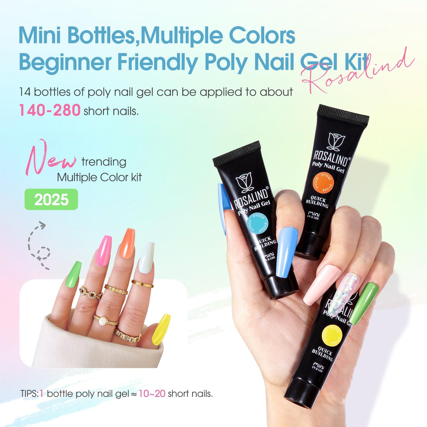 ROSALIND Neon Poly Nail Gel Kit, 14 Colors White Black Yellow Pink Poly Nail Gels Kit with Slip Solution and Mini Lamp Poly Nails Gel Starter Kits For All Seasons Beginner DIY at Home