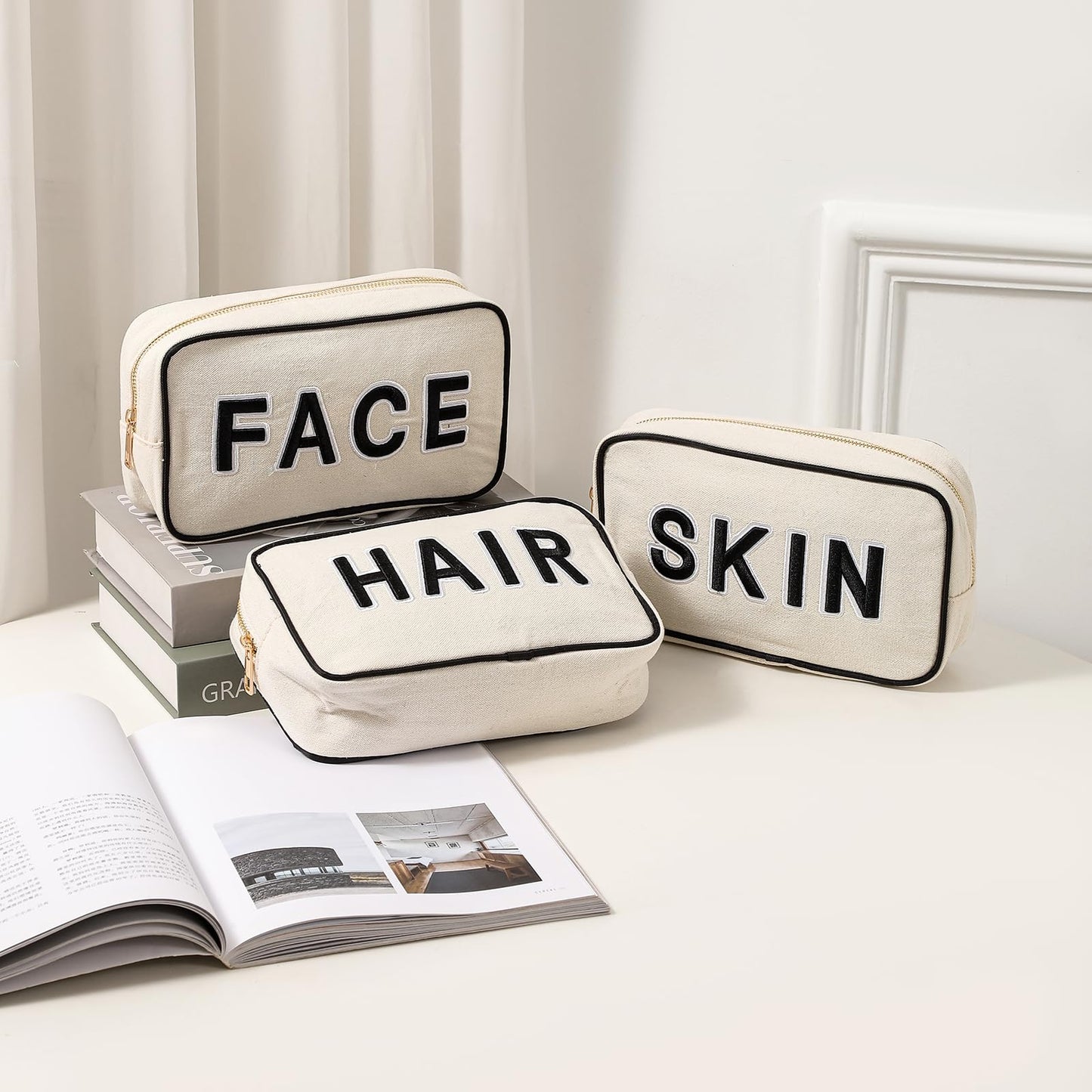 uekeboag 3Pcs Canvas Chenille Letter Makeup Bag Set, Small Travel Washable Organizer Bag for Purse with Zipper, Cute Personalized Gift Pouch For Women and Girls(Hair Skin Face)
