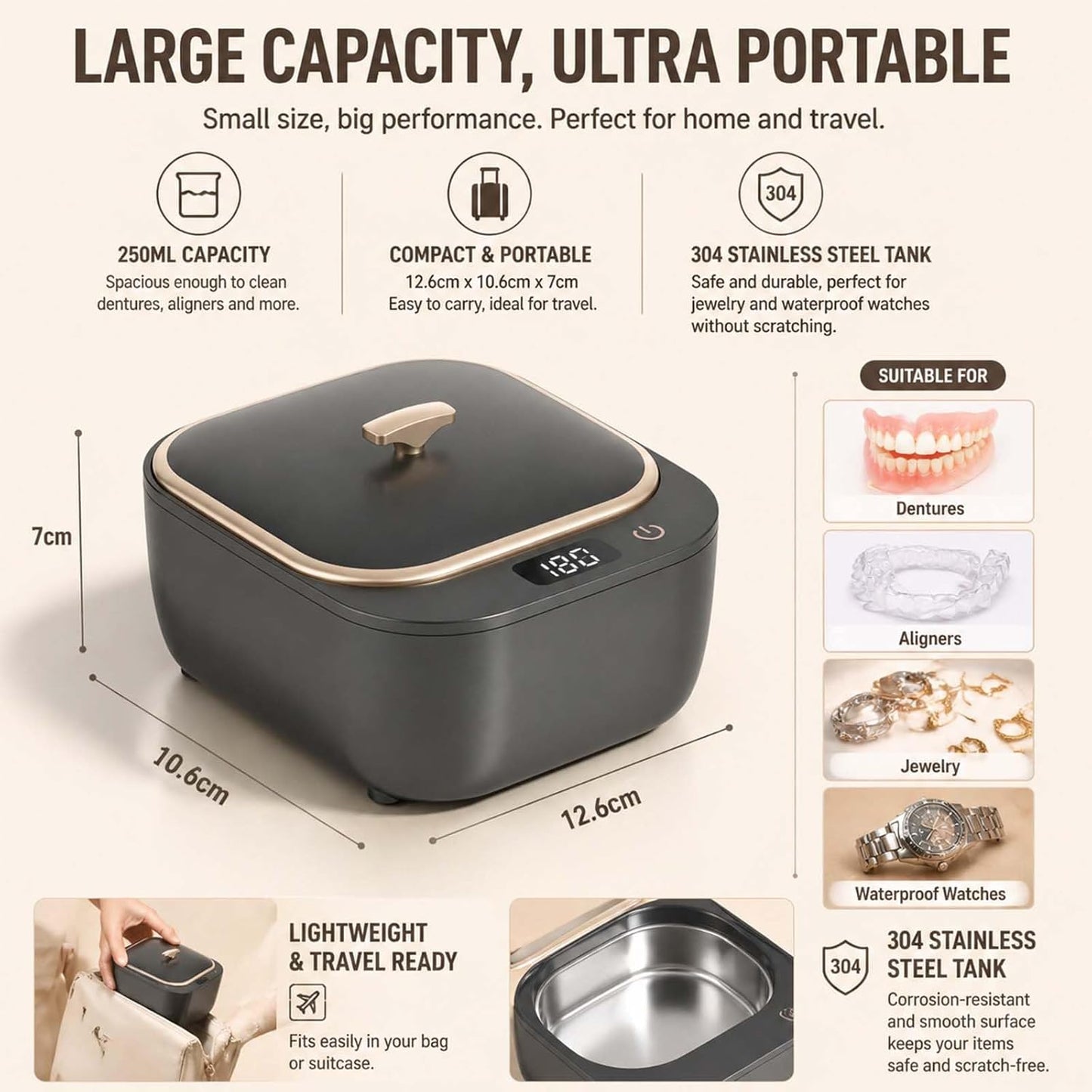 Ultrasonic Retainer Cleaner - 48kHz Dental Cleaner for Aligners, Mouth Guards & Jewelry | 250ml Pod, 3 Cleaning Modes