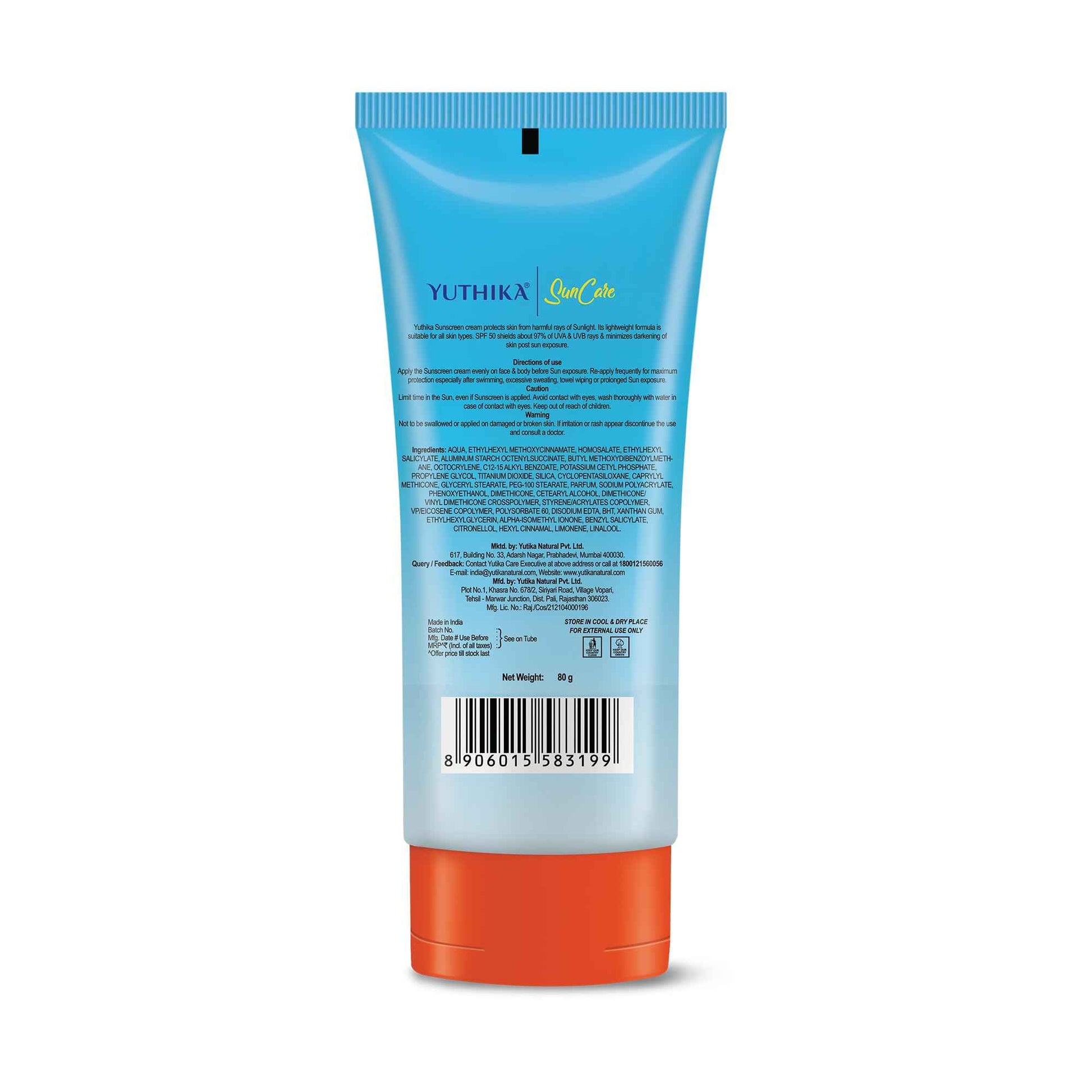 Yuthika Sunscreen SPF 50 PA++++ with UVA & UVB Protection 80g, Dermatologically Tested Sunscreen Cream for Women and Men