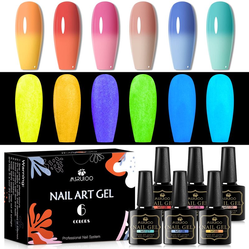 MSRUIOO Luminous Color Changing Gel Nail Polish Set, Glow in the Dark Mood Temperature Color Change Gel Nail Polish Pink Blue Red Orange Soak Off Gel Polish for Nail Art Manicure DIY at Home