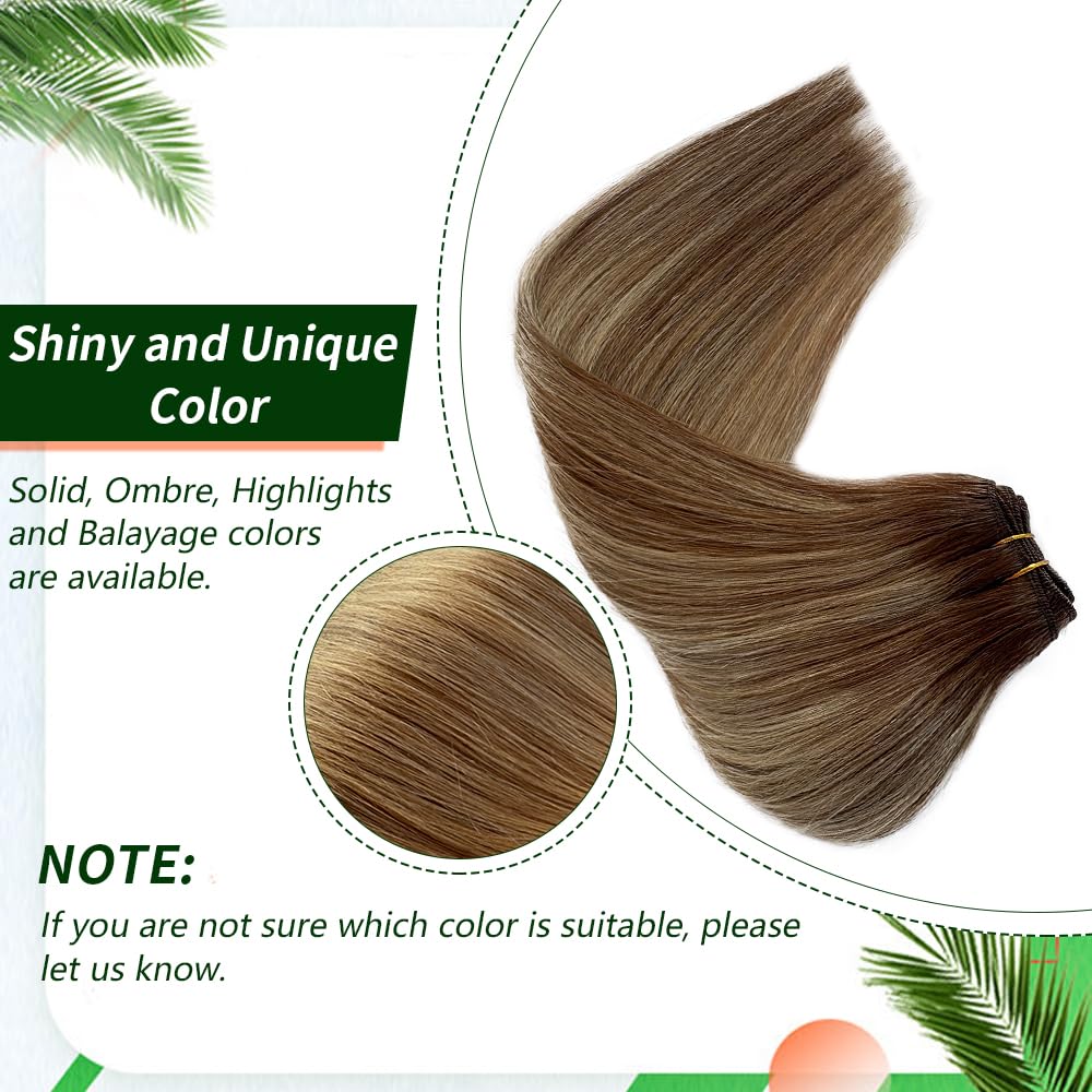 Balayage Highlights Hair Extensions Real Human Hair Sew in Double Weft Weave Bundles Hair Extension Ombre Chestnut Brown to Ash Blonde 14 Inch 80G