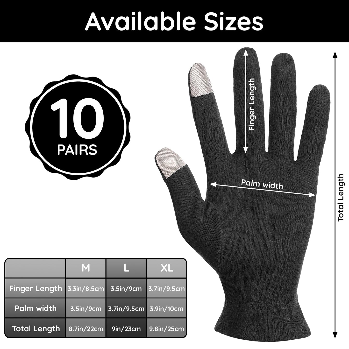Segbeauty 20 Counts Elastic Touch Screen Black Lotion Gloves Overnight for Sleeping, 10 Pairs Working Moisturizing Cotton Gloves for Men with Elastic Band, Dry Hands Cotton Work Glove for Women Bulk