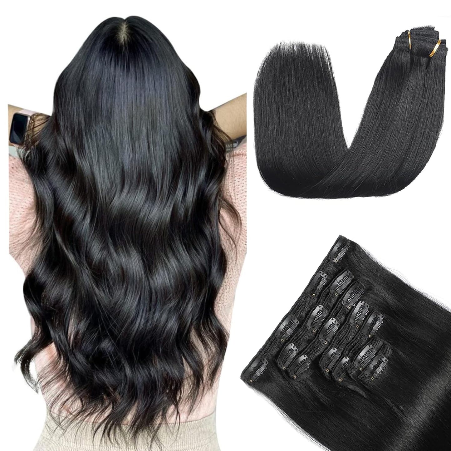 YMXNB Clip In Hair Extensions Real Human Hair 12Inch 90g 100% Remy Human Hair Extensions Clip Ins Invisible Seamless Straight Human Hair Clip In Extensions 7pcs Double Weft Natural Black
