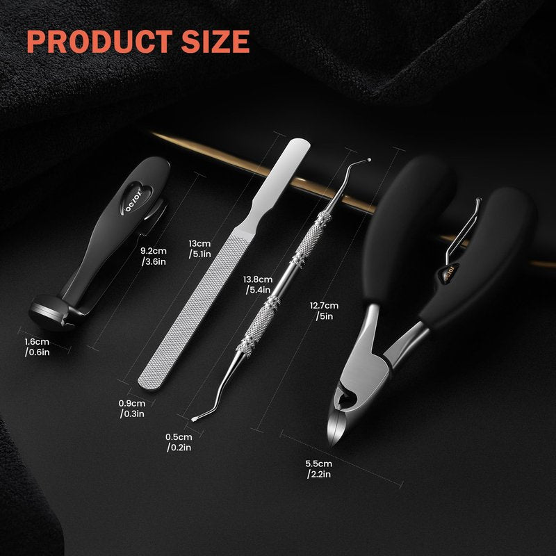 BEZOX Toenail Clipper Kit 4PCS Nail Care Set for Ingrown Toenails – Curved Head Toe Nail Clippers for Seniors for Thick Nails, Thick Fingernail Clippers, Long Nail File & Dual-Ended Lifter - Black