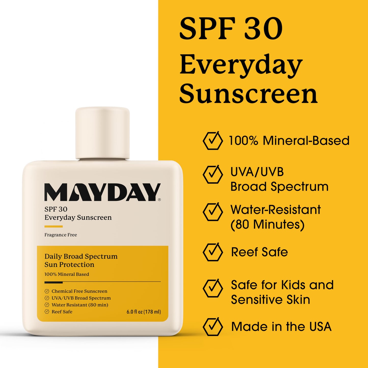 MAYDAY SPF 30 Everyday Sunscreen – Chemical-Free, Fragrance-Free, Water-Resistant Broad Spectrum Protection for Face & Body – Suitable for All Skin Types – 6 oz (178ml)