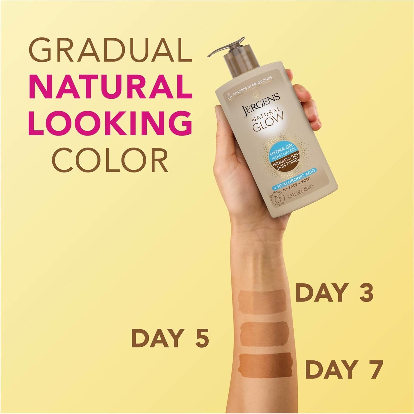 Jergens Natural Glow - Hyaluronic Acid Tanning Lotion | Fragrance-Free Hydrating Gel, 8.3 Fl Oz