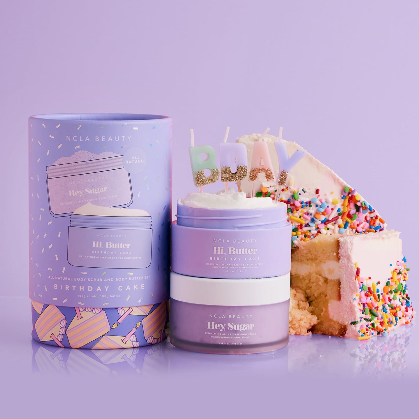 NCLA Beauty All Natural Body Scrub and Body Butter - Exfoliating Sugar Scrub and Moisturizer with Natural Butters and Oils - Birthday Cake - 2 pc