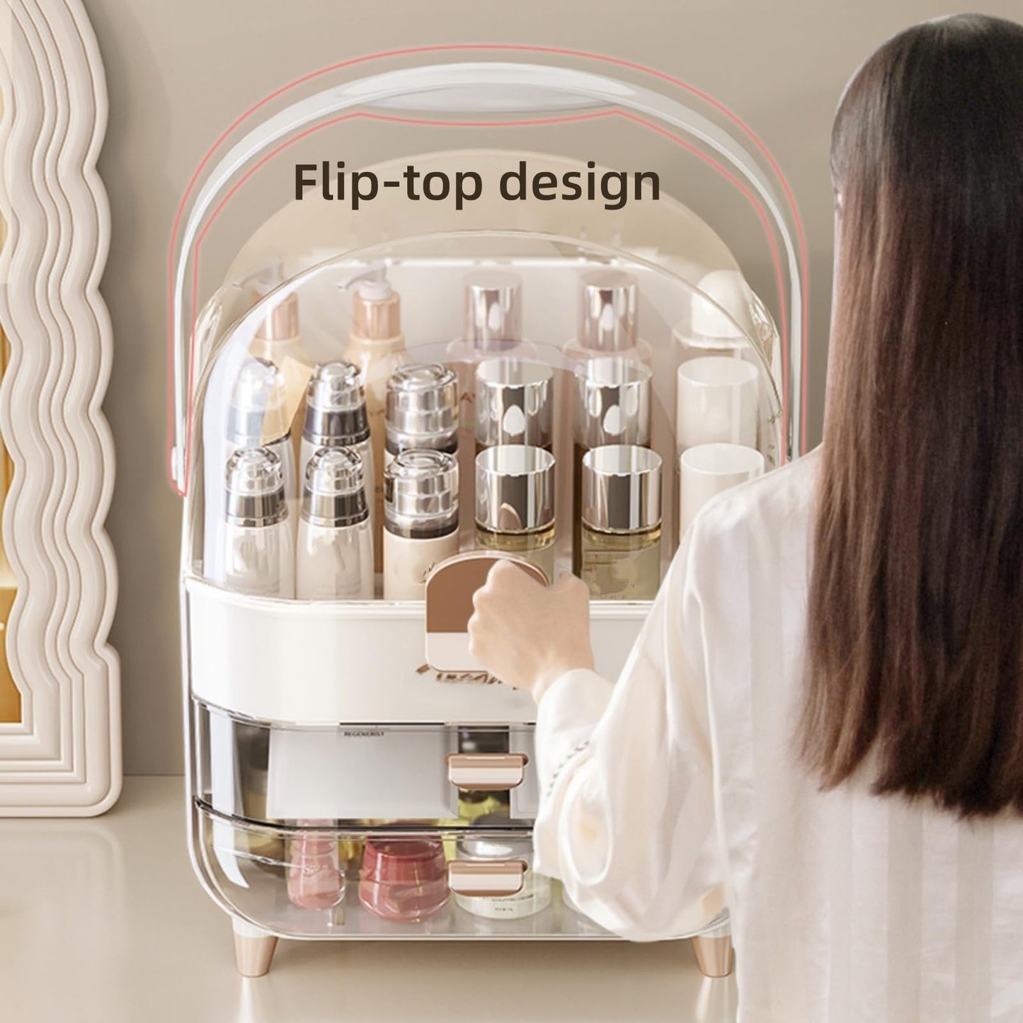 XAIODRAGONSKY Makeup Organizer, Skincare Organizers with Clear Lid & 2 Drawers and 360° Rotating Brush Holder